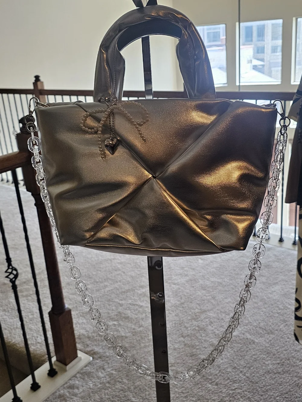 Metallic Silver Bag w/bag Chrm Clear Chain Strap, Matching Pouch, & 2 Hair Clips